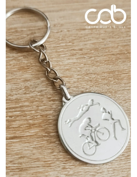 Porte clés Triathlon - 1 médaille ø30mm - cordon au choix et perles en étain