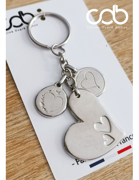 Porte clés en étain - Coeurs et cordon et perles - personnalisable