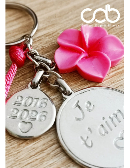 Porte clés en étain - Je t'aime ø30mm + 2016/2026 - personnalisable
