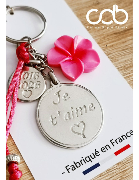 Porte clés en étain - Je t'aime ø30mm + 2016/2026 - personnalisable