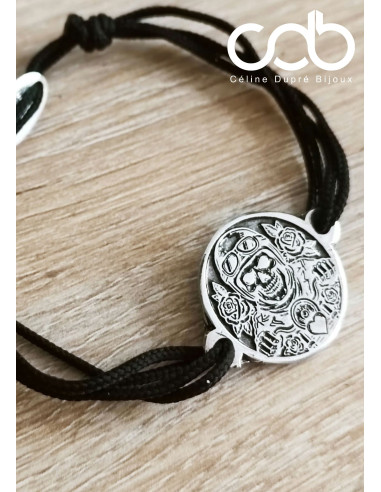 Bracelet Motard Biker tête de mort avec roses -...