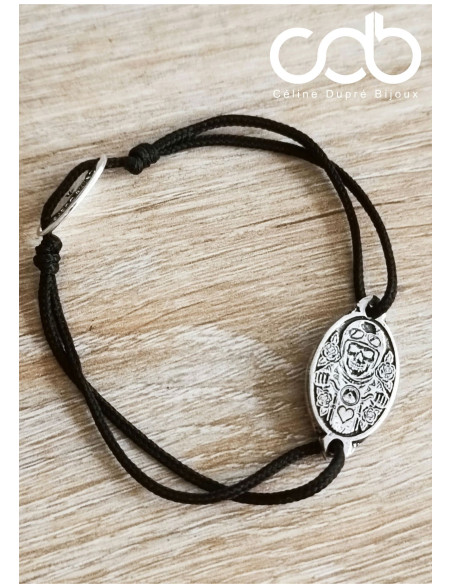 Bracelet Motard Biker, tête de mort avec roses - ovale 13x18mm - personnalisable