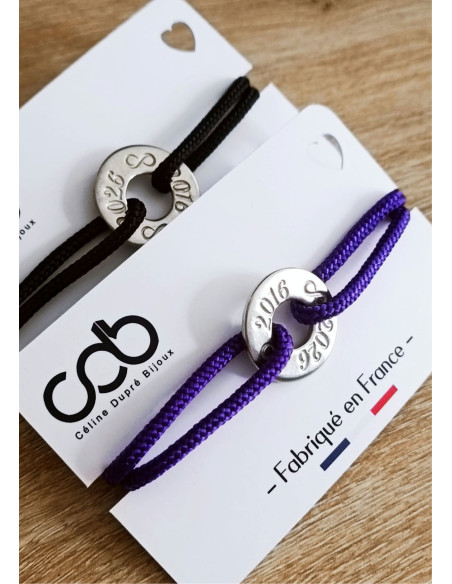 Bracelet étain - Anneau 2016/2026 + infini - ø22mm - cordon paracorde ø3mm