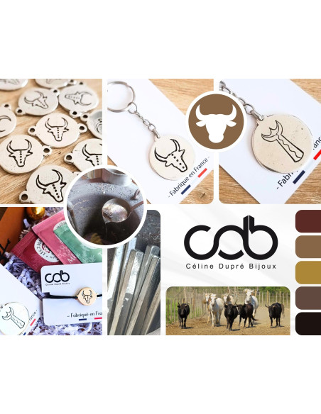 Box / coffret Bijoux "Camargue" - Porte clés Trident de gardian / bracelet Tête de Taureau de face