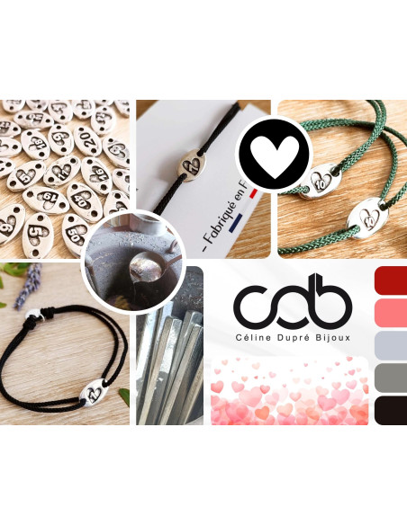 Bracelet coeur + 5 - 9x15mm (Idéal Noces de bois) - cordon réglable