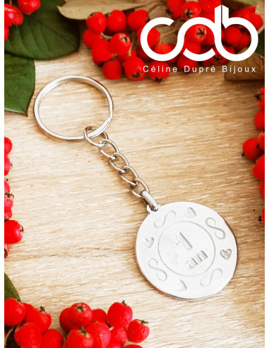 Porte clés Pour 1 an (Noces de coton) en étain...