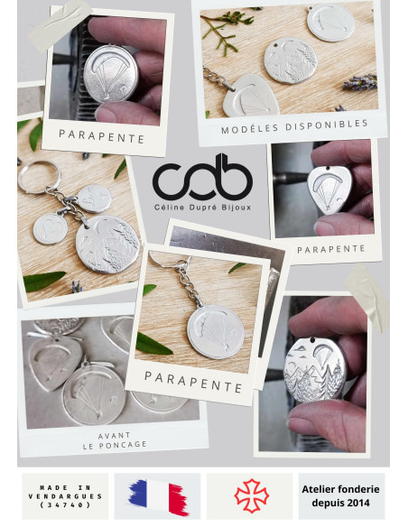 Porte clés Parapente + Forêt en étain - Rectangle 21x35mm - avec perles en étain et cordon