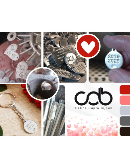 Porte clés en étain 2016/2026 - petit coeur 20x20mm + cordon et perles en étain.